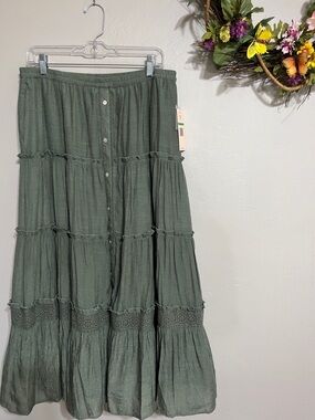 Nanette Lepore Olive Tiered Maxi Skirt with Button Front